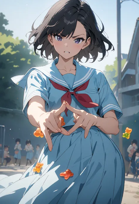 girl、Serious face、(Pearlﾋﾟｱｽ、Black Hair、Shortcuts、Light blue sailor suit、Long skirt、Popping gummy bears with your fingers), Best Hand 、Schoolyard、Masterpiece、超Masterpiece、anime、Cel painting、16K、Precise illustrations、Highest quality、Detailed depiction、