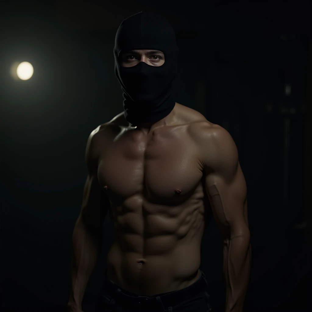 Portrait of a Shirtless burglar with a ski mask on in a dimly lit room 