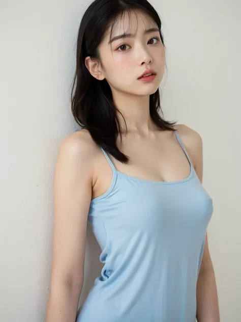 See-through tops、Big Breasts、 camisole、(background with white wall、Some of her hair is sky blue:1.4)、White wall、Taken in front of a white door、(a window)、((highest quality、8k、masterpiece:1.3))、Ultra-high resolution、(photoGenuineistic:1.4)、RAW Photos、Japane...