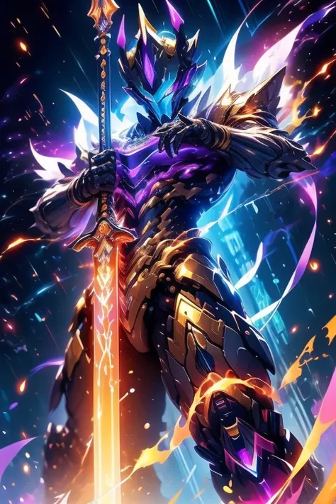 A stunning digital artwork of a muscular, zebra-like creature with a blue and violet striped torso, three sharp crests on its head, and glowing violet eyes. The creature has four arms holding unique items: a radiant golden menorah, a prism staff emitting c...