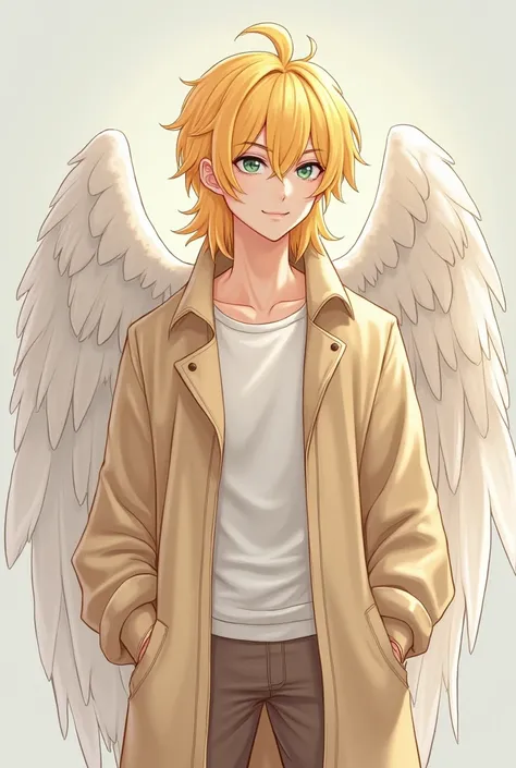 A Blond Man Angel,  white skin It's tall,  beautiful,  straight hair, combined eyes gender man animated style, masculine gender, I'm not that long, adult appearance, more adult appearance, Like a 32-year-old man,  full body, wingless hair not so long,