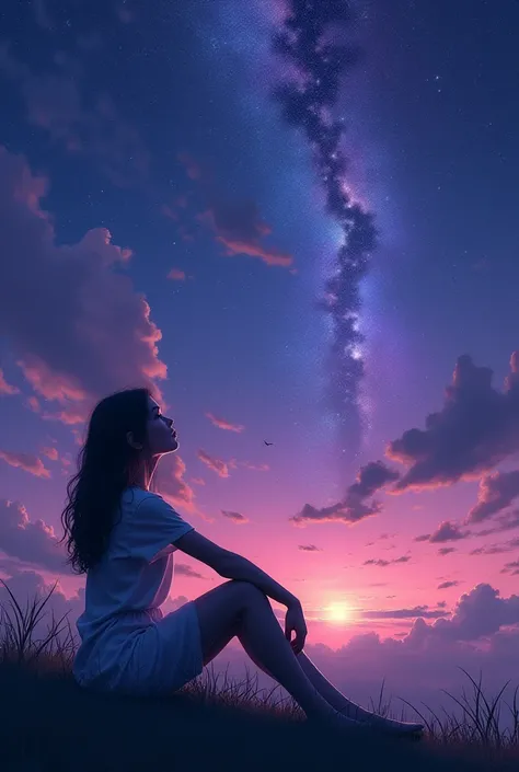 Woman sitting while looking at the night sky. The sky has beautiful color purple blue and pink. 
