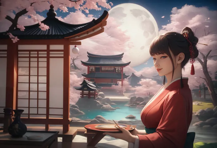  Painting「Matte painting inspired by the full moon and the Japanese house under the moonlight 」 Matte painting inspired by, Digital art inspired by paintings of the full moon and Japanese houses under the moonlight of the popular  ,  trending on Artstation...