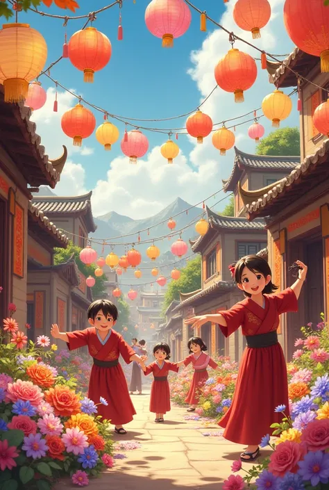 Villagers decorating the square with flowers and lanterns.