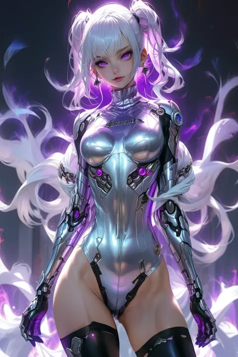   best image quality、 masterpiece、    in the middle  、（Shooting Resolution  ：1.4）、    in the middle  シネマ、   angle seen from below 、   cyberpunk night city  、   girl  、   silver hair twin tail、SILVER SHORTS  、whole body、smile、1 Character 、   purple eyes、   ...