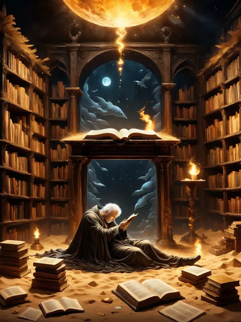 "An ancient, dimly lit library filled with endless bookshelves, inspired by Neil Gaiman's Sandman. Morpheus, the Sandman, leans over an adult woman who has fallen asleep at a wooden desk, surrounded by open books and scattered papers. His hand hovers above...