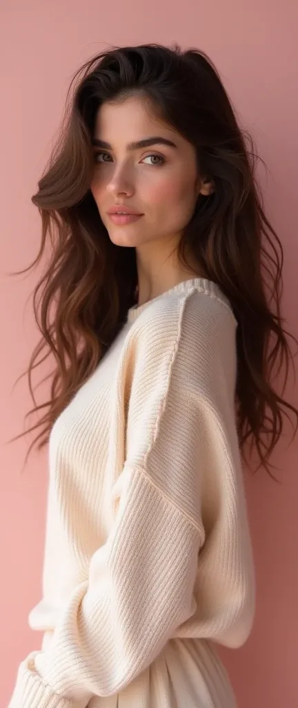 Beautiful girl with wavy curly long hair in a gentle sweater, large on the chest,plain light pearl pink background,