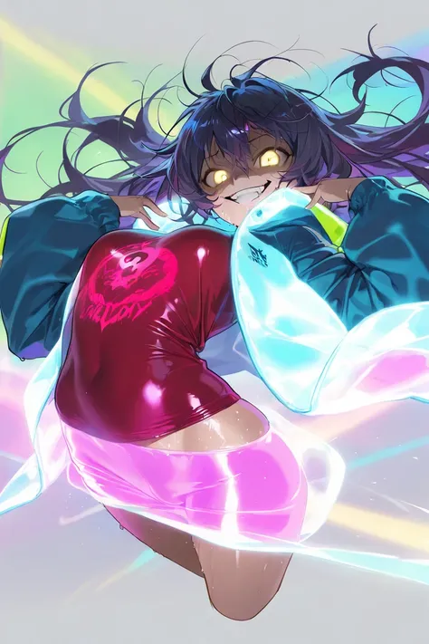 (girl, solo, purple hair, long hair, messy hair, yellow eyes, glowing eyes), (crazy smile), sexy pose, smug, shiny skin, sweaty ,(Highly detailed, Absurdres, Anatomically correct, Best quality)