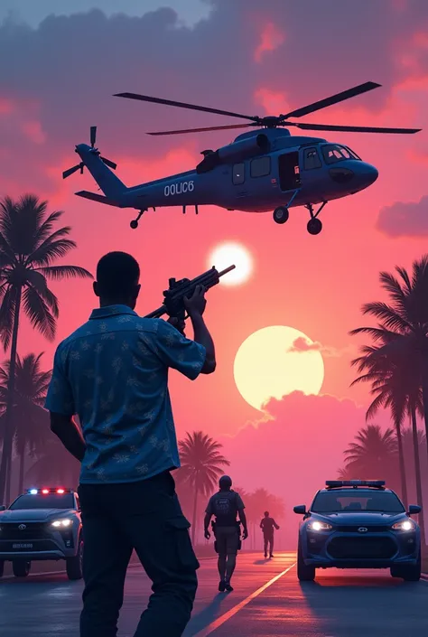 A pinkish blueish Miami sunset artwork in which a black man in Hawaiian shirt shooting at Miami pd police helicopter with a m60 machine gun and all the Miami pd are there with s.w.a.t team and military force