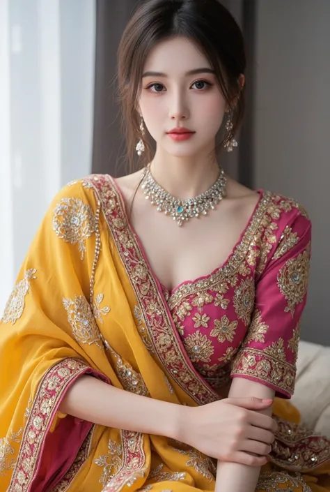 Beautiful Korean girl wearing indian wedding lengha with nackless and earrings ultra 4k UHD quality high texture 