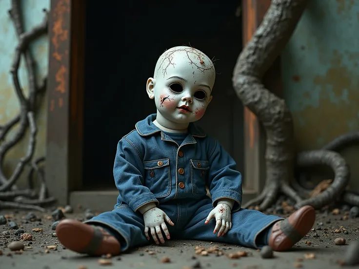 A crumbling porcelain doll , empty eye sockets that look macabre,  dressed in blue mechanic's jumpsuit, Broken very dirty and dusty, Under a fig tree at the entrance of the house's storage room