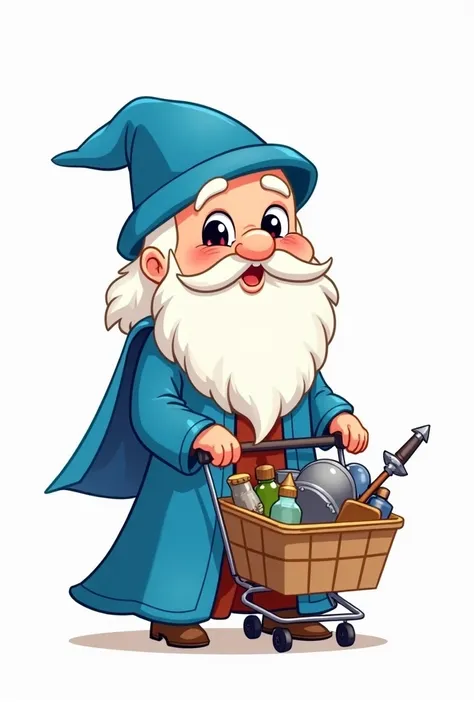 Draw a small, adorable white wizard character with blue robes and a long white beard. He should have a friendly and wise appearance, conveying kindness and joy. The drawing style should be simple and accessible, with rounded shapes and minimalist strokes t...