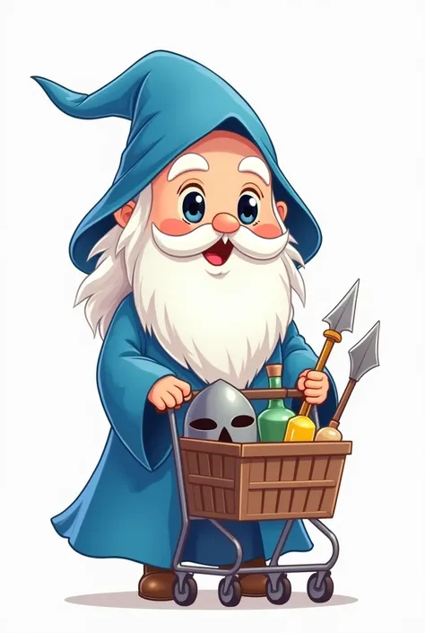 Draw a small, adorable white wizard character with blue robes and a long white beard. He should have a friendly and wise appearance, conveying kindness and joy. The drawing style should be simple and accessible, with rounded shapes and minimalist strokes t...