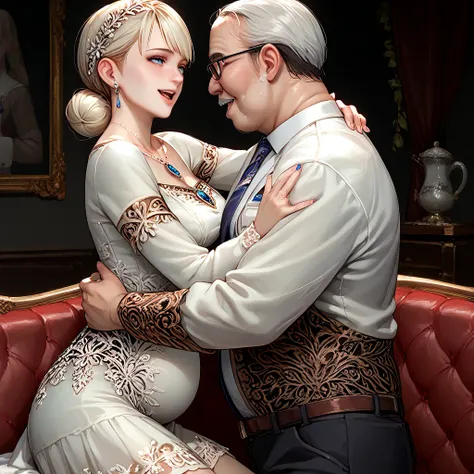 (( best quality)), ((masterpiece)), ( Details), （ is finished）、Fiona Belli, who is pregnant and has blond hair, wears a gorgeous, and elegant aristocrat dress, is hugged by an old ugly man on a gorgeous sofa and happily sincerely depends on the man to hug ...