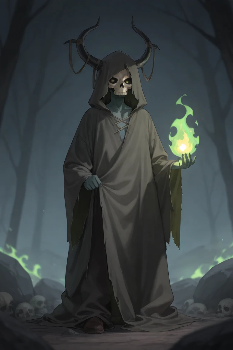 Demon, stone skin, wrapped in rags, holding green flame, skull mask