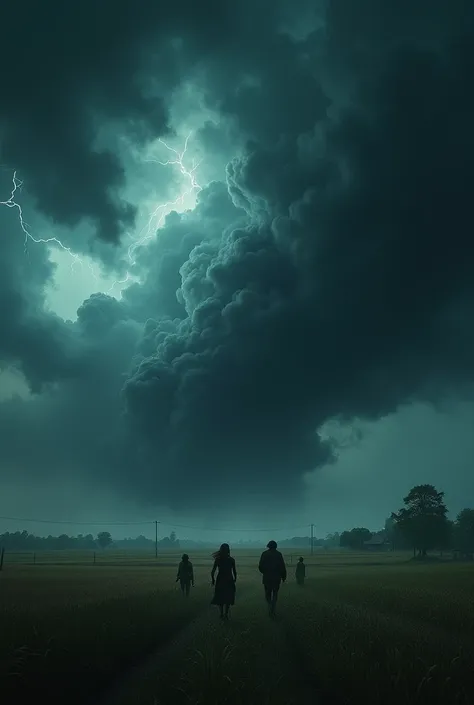 A storm with dark clouds, flattened fields, and villagers scrambling.