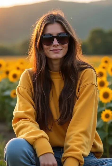 23 years old brunette , create a woman with long hair and sunglasses.  sitting on a farm in honeycombs and posing sympathetically. Make your clothes comfortable and tidy. Get sports dressed but charming.