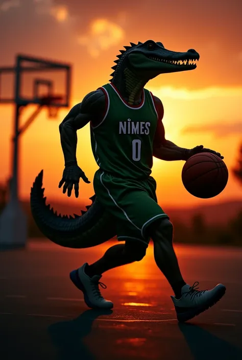 SILHOUETTE CROCODILE JOUEUR DE BASKET EN TENUE VERTE NÎMES AVEC UN BALLON AVEC COUCHER DE SOLEIL EN ARRIÈRE. CROCODILE A CONTRE JOUR
