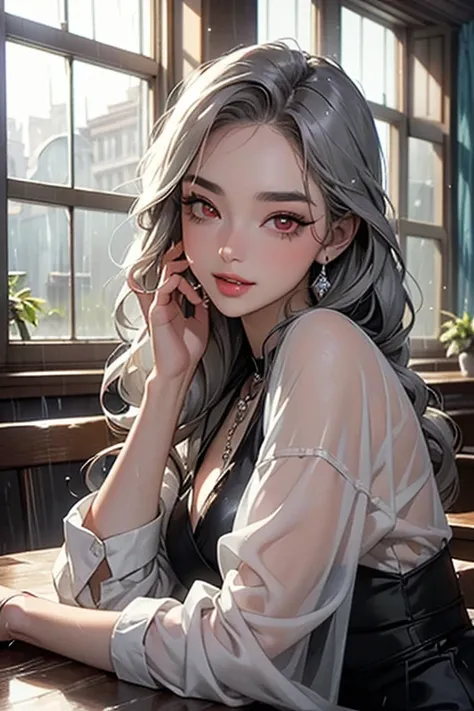 (    best quality   , masterpiece:1.2),     high resolution, 最高masterpiece、    very detailed,     is present:1.37, Fantasy    ,  illustration,    gray hair、   Little zombie character with red eyes in the shadow of a pillar  、    queen,     black dress    、...