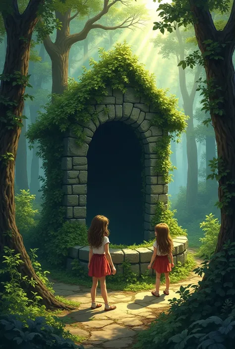 


Two girls discovering an ancient, mossy well in the forest.