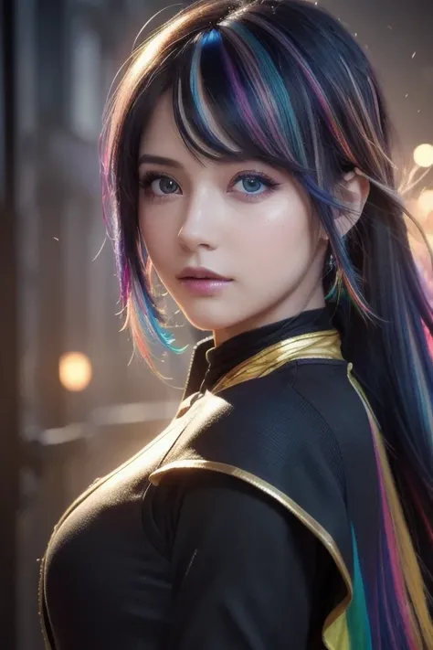 {{Masterpiece}},  best quality ,  Highly Detailed CG Unity 8k Wallpaper ,  Cinematic Lighting,  lens flare,  beautiful detail eyes, black,  Sideways glance,  Multicolored Hair,  colorful  light, particle,   ( colorful :1.5), ( colorful  hair:1.5),