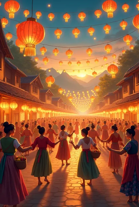 


Villagers dancing and feasting under lanterns at a harvest festival.