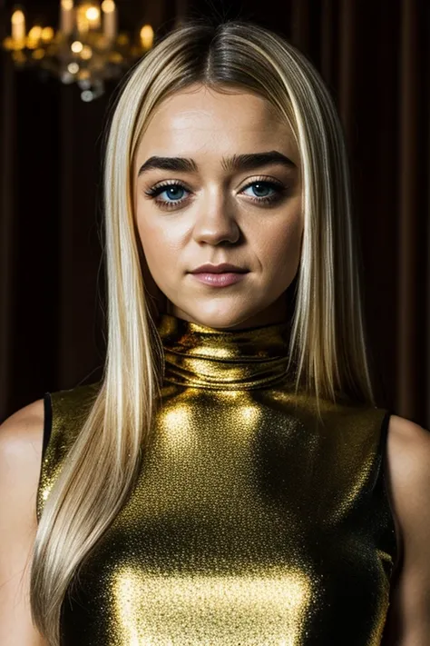 Maisie williams BREAK (shiny satin dress, turtleneck dress, straight golden fabric, halterneck neckholder, sleeveless) BREAK (slender body) BREAK (straight hair, whiteblonde hair, very long hair, whiteblonde hairline) BREAK (beautiful eyes) BREAK masterpie...