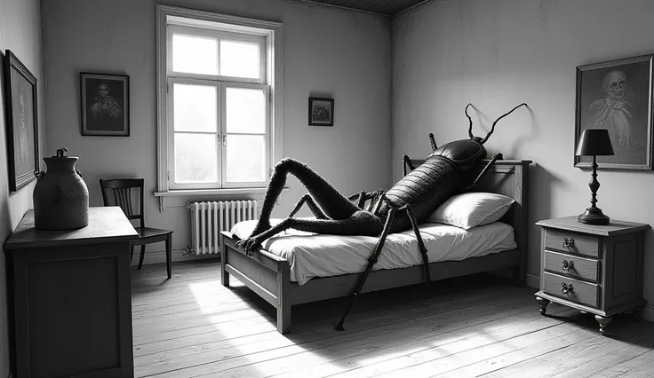 پرامت:
"A black-and-white classic-style illustration of a human figure transforming into a giant insect. The scene is surreal and unsettling, set in a vintage bedroom with minimal furniture, including a simple wooden bed and a small table. The partially tr...