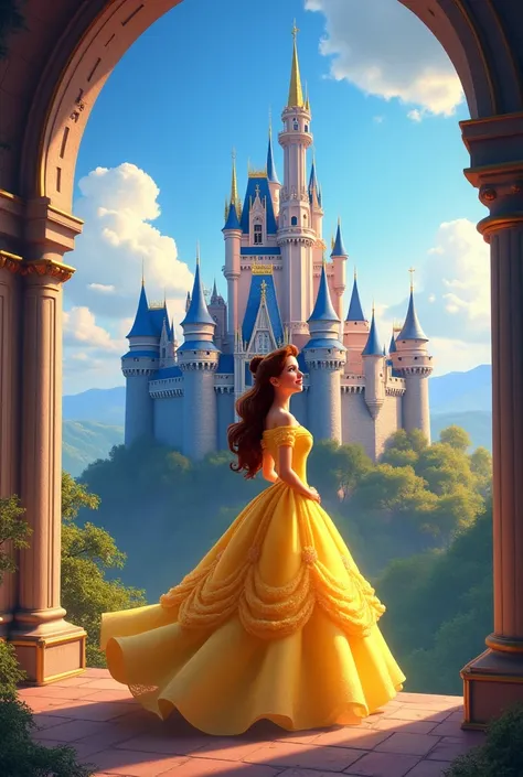 Princess Belle standing in front of the castle