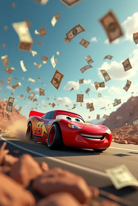 A lot of money falling into the air while Lightning McQueen was racing,  dollars like rain ,  money falling from the sky ,  dollar bills fly ,  piles of money  , a handful of dollars in exchange ,  Money made of money , dollar bills, Let the dollar bill fa...