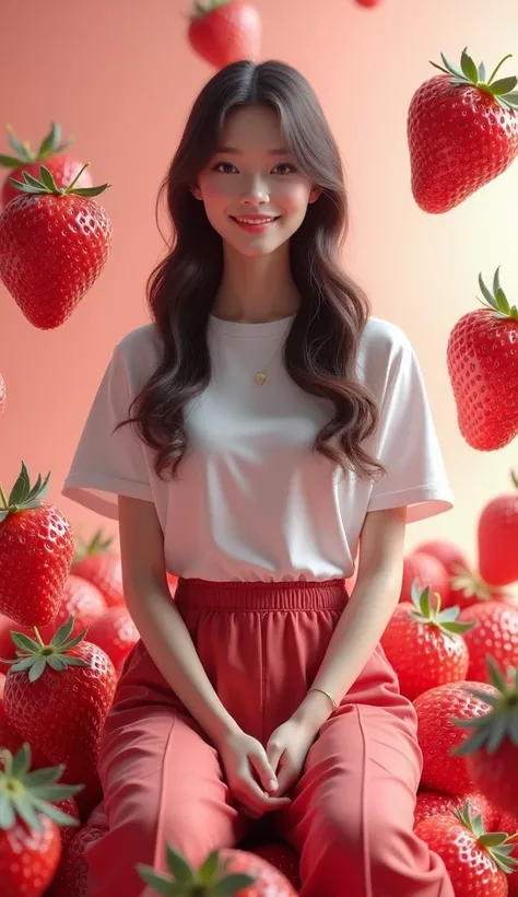 
 amazing beauty and charming 3D cinematic photography realistic big strawberries , Strawberries on a background of red strawberry fruits and strawberry leaves. Cherry blossoms are adorned with sparkling diamonds、 schoolgirl、The smooth white skin of a beau...