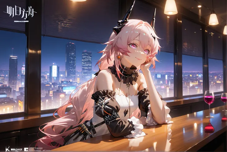 ((Theresa)),((Theresa_\(arknights\))), Theresa_\(arknights\),
 pink hair color 。Pink Eyes。longhair。Black horn 。
 white and black dress。smile,,Photorealistic Background,Bar counter, is sitting, best quality, amazing quality, very aesthetic, , (masterpiece, ...