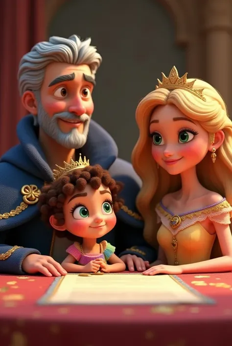 Create a 3D Pixar style of Bella A cute, small girl with big dreams of becoming a princess. She has curly brown hair, bright green eyes, and wearing a rainbow dress, sitting with the King (King Edmund has a tall and noble presence, with short, neatly combe...