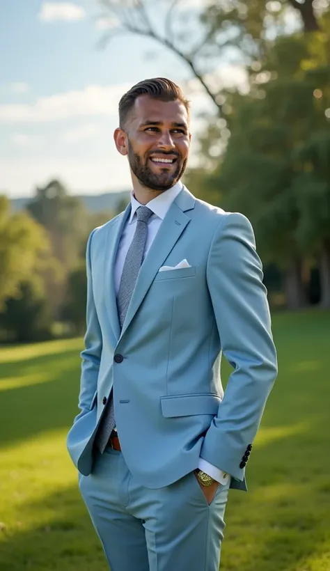 
"A stunning groomsman is at an outdoor wedding, surrounded by lush greenery, majestic trees and a clear sky in the background. Wearing a light blue suit, the groomsman is smiling serenely, radiating happiness and beauty, while the scenery around him exude...