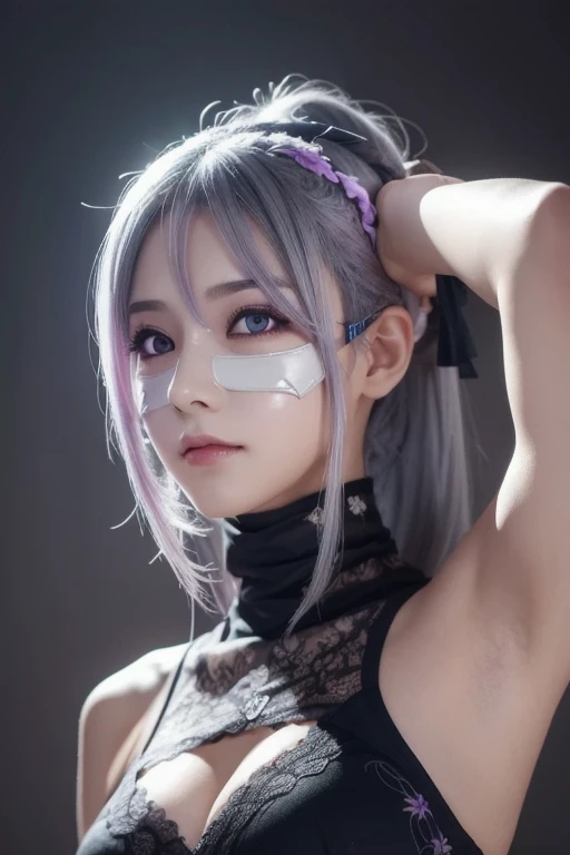  1 girl, Gray Hair,  multicolored hair,  purple eyes,  put a mask on your head,  side lighting ,  light particles,  wallpaper, Arm Up,  sweating 