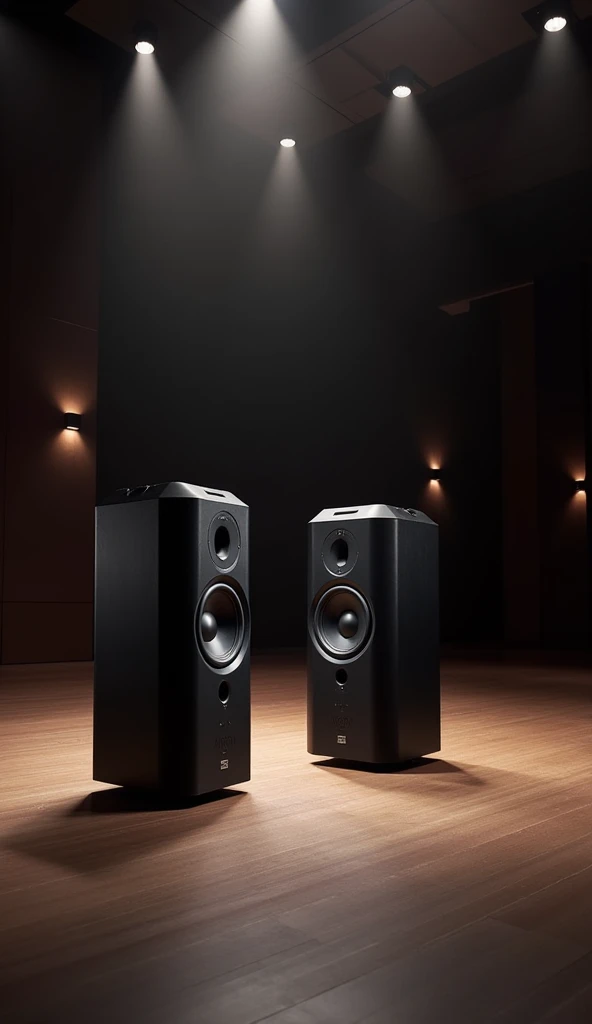 A high-end audio system setup featuring Martin Audio Torus 1215 and Torus 1230 speakers. The scene should showcase a premium, professional event setting, like a large concert hall or modern club. The speakers should be prominently displayed in a sleek, sop...