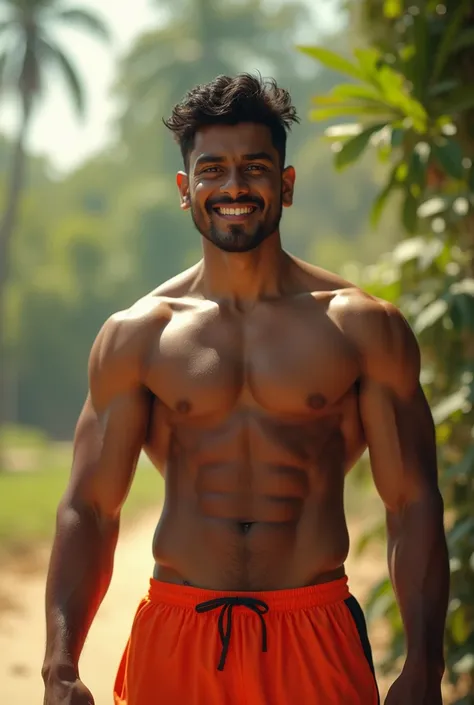 A tall, handsome, athletic young Tamil guy,  sleeveless gym vest, shorts, smirking expression, piercing eyes, athletic physique, dynamic natural daytime lighting, hyperrealistic, detailed facial features, textured skin, vibrant colors, 8k, photorealistic