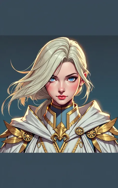 valuable art style,  A blond white woman with blue eyes, loose white and gold clothing , medieval, comics style