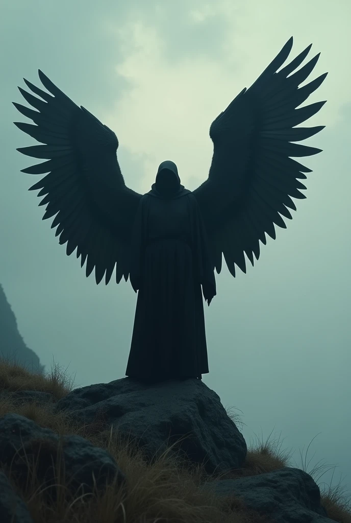  a man in a black robe standing on a rocky hill with wings,  Digital Art  inspired by Rudy Siswanto,   pexels contest winner  ,  Digital Art , archangel,   the angel of death with a halo  ,  super wide angle , black angel,  4K cinematic epic  , 2022 movie,...