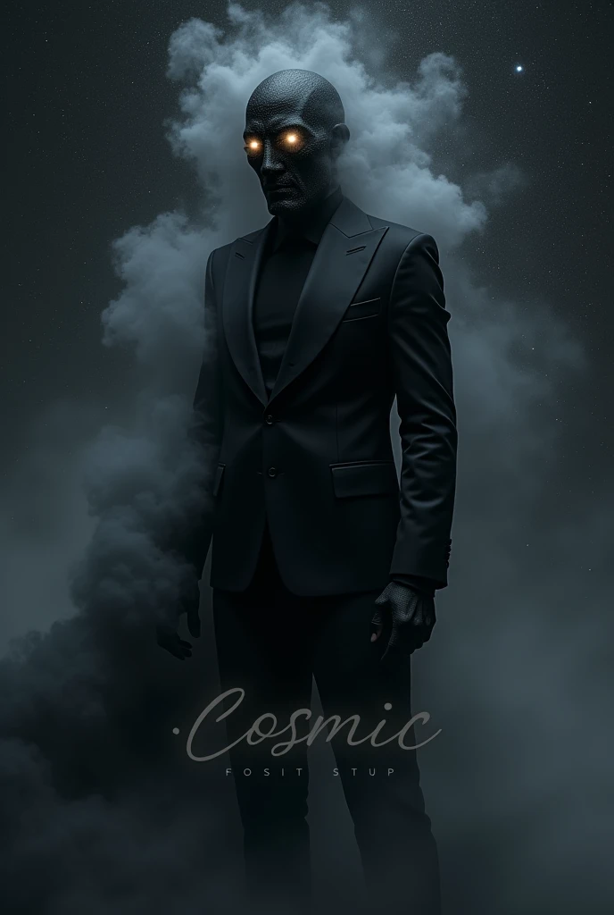 Create an image of a man with a black fog for a face wearing a black suit glowing eyes with a background of stars and the word cosmic written across the bottom of the image in script