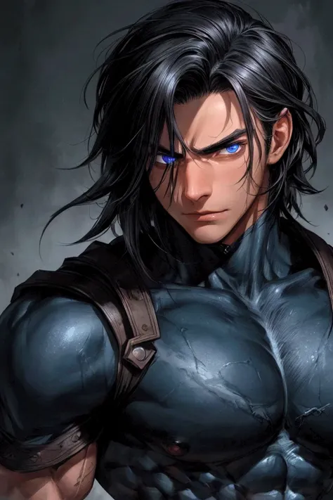 ( super detailed art ) A strong man ,  with well-defined muscles .  His brown skin contrasts with his pale face,  with deep dark circles . black hair ,  smooth and extremely messy ,  falls in a disorderly manner over his forehead . Your blue eyes.  The ser...