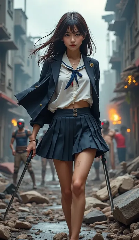 A cinematic and intense scene of a young woman in a tattered school uniform, moving stealthily and engaging in shadowy combat amidst the ruins of an apocalyptic city. She wields two sleek ninja swords, their sharp, dark blades glinting faintly in the smoky...