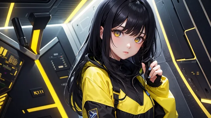 from future intelligence, background complexity, effect mystery, signals, confident look, space black pioneer dress, yellow eyes, black hair