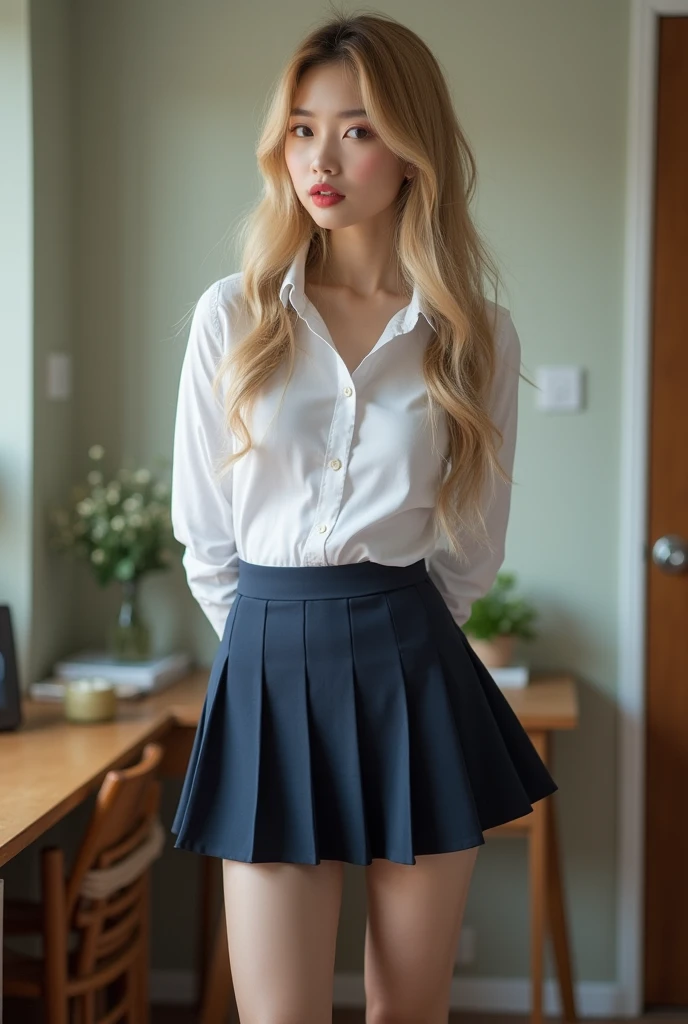 Beautiful woman in school uniform, standing, image from backside, in skirt, very thin legs, very long blonde hair, huge bust, big lips, flirting, in buttoned shirt, young Asian face, wide cheekbones, sharp chin, narrow nose . The background should be home....