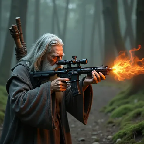 I need a profile picture of Gandalf the grey from Lord of the rings. He must be aiming a sniper rifle at the viewer of the picture. His staff must be on his back. The theme of the picture must be that of a clay fantasy world. The rifle must be imbued with ...