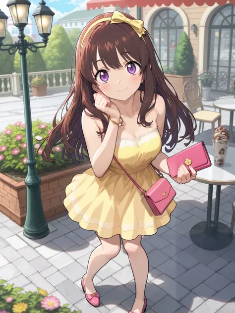 Anime girl in a dress walks on the sidewalk with a table and chair, cute的动漫女仆穿着漂亮的连衣裙, Lolita in a skirt,  Animated Cute Style ,  Small and Exquisite Lori ,  Marin Kitagawa Doujin Figure , Pretty anime girl,  beautiful anime girls,  beautiful anime art sty...