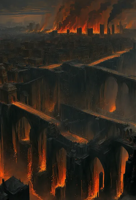 Inferno landscape with towering high-rise residential buildings and an express way in the foreground, rendered in the exquisite and masterful style of Gustave Dore. The scene is of the highest quality, with ultra-detailed elements and a photorealistic fini...