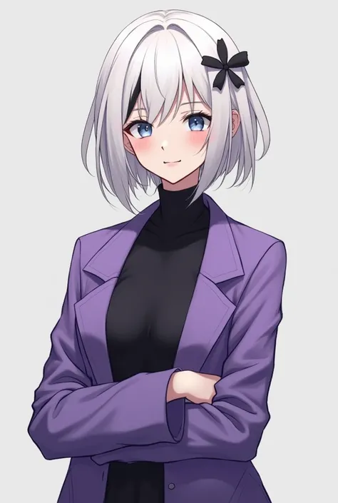 Anime nonbinary with white  short hair and black highlight. Wearing a cool violet jacket,flat chested.