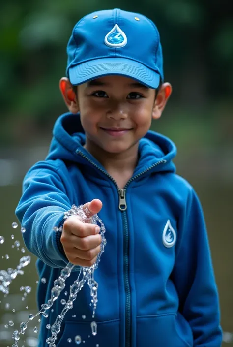 a young real boy Malaysia Indonesia . wearing an (blue) zip-up shirt, (blue) cap with small (water) logo, detailed face, cinematic lighting, dramatic atmosphere, vibrant colors, 8k, high quality, photorealistic. Hero suit. (Water )come from his hand.splash...