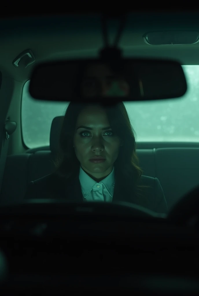 Inside the car at night, the mysterious woman wearing proper clothes is sitting silently in the back seat. Her face is partially obscured by shadows, but her emerald eyes glow faintly. The atmosphere feels cold, with visible fog on the windows. The rearvie...